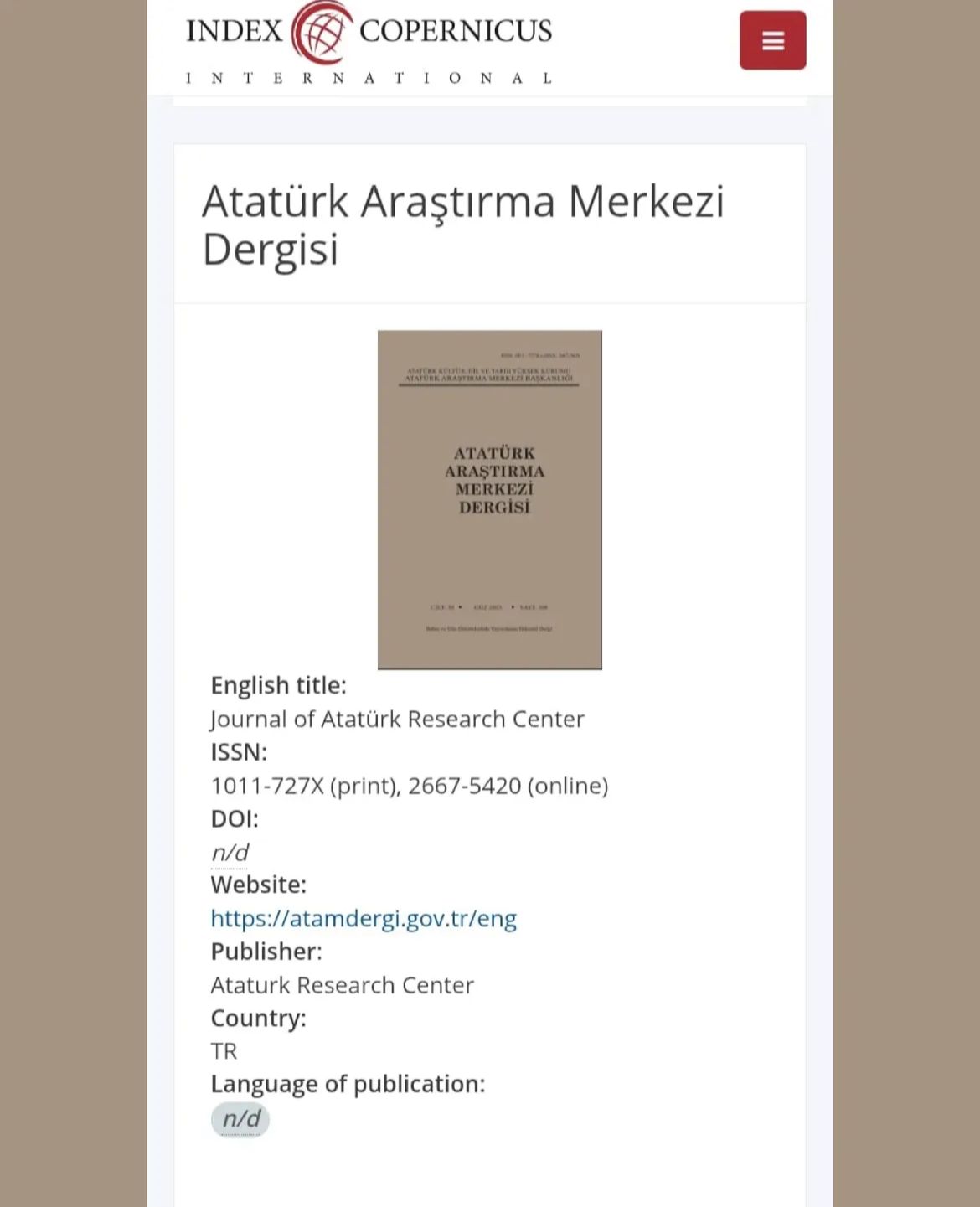 ATAM Dergisi Index Copernicus International Master List Veri Tabanında